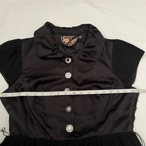 Black Pleated Mini Dress with Puff Sleeves & Statement Buttons, Lined Skirt - Picture 11 of 13